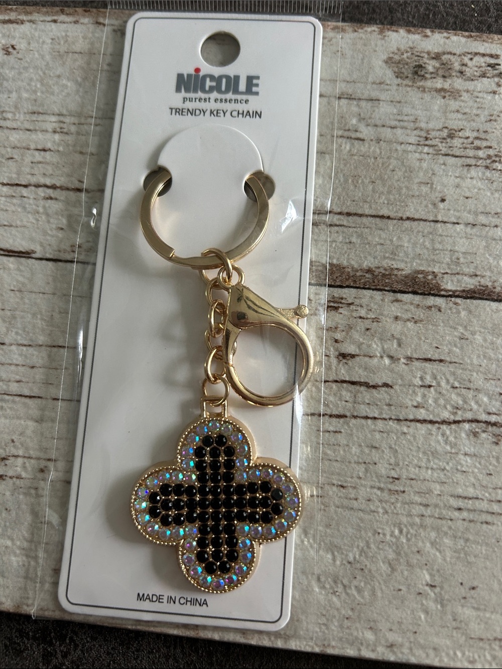 5/$25 Nicole Gold-Tone Clover Keychain with Black and Iridescent Stones